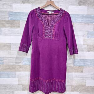 Boden Embroidered Corduroy Kaftan Dress Purple 3/4 Sleeve Lined Womens US 8